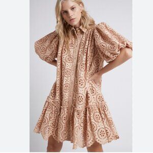 AJE Salita Broderie Puff Sleeve Mock Dress in Bleach Coast Beige